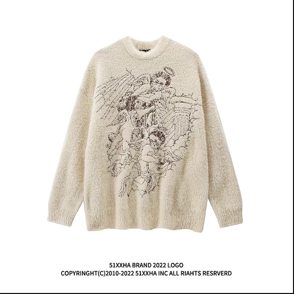 vintage美式复古创意提花圆领毛衣男女秋冬hiphop情侣长袖针织衫